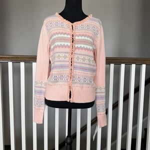 NWT Crazy Horse Liz Claiborne Fair Isle Cardigan Sweater M Velvet Ruffle Cottage